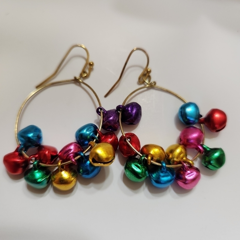 Hand Crafted Earrings Christmas Jingle Bells Hoop Pierced Red Blue Green Gold